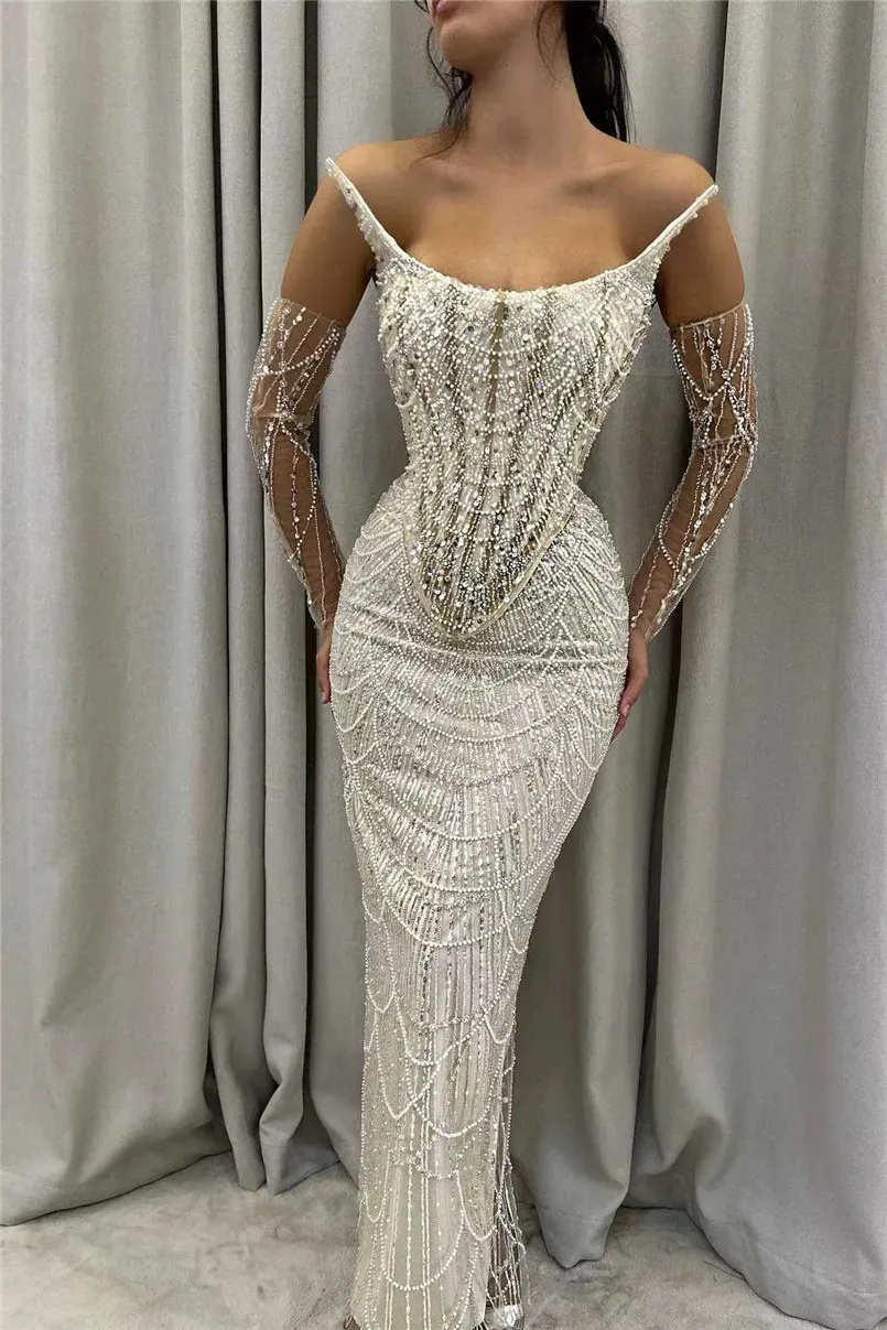 Sparkly Beading Wedding Dresses Women Sexy Spaghetti Straps Sequined Bride Dresses Pearls Floor Length Bridal Gown Customized