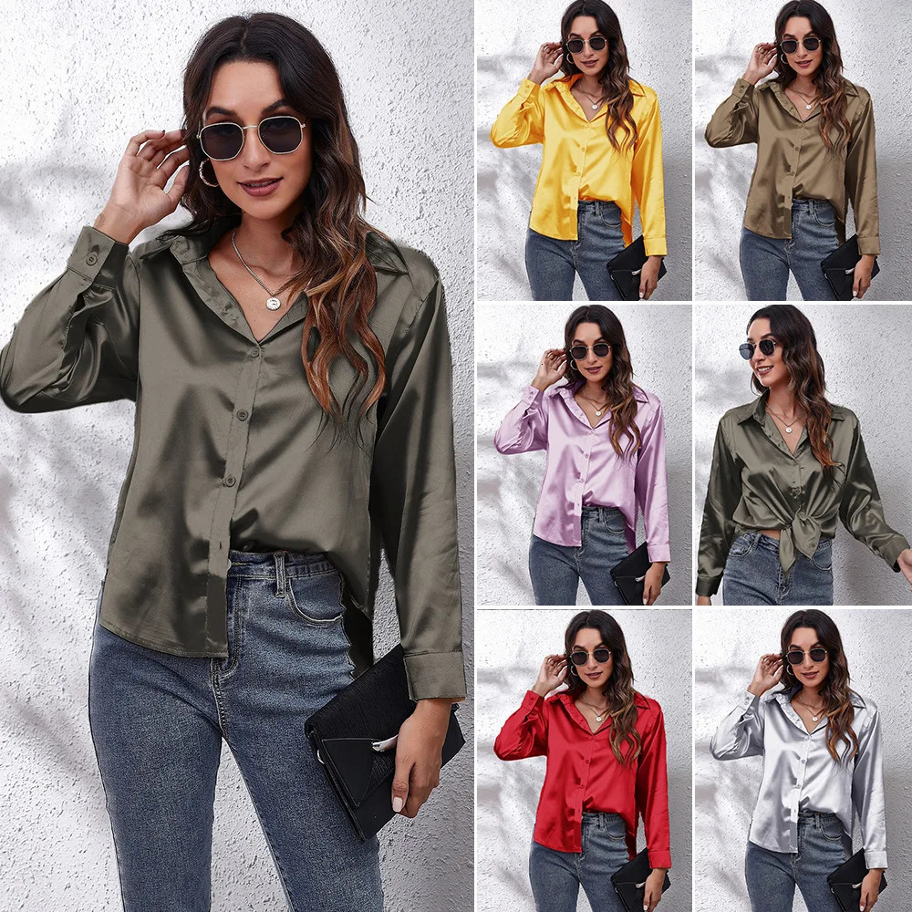 17 Color Option Womens Satin Blouse Tops Summer Fashion Female Turn Down Collar Long Sleeve OL Ribbon Blouse Shirts BSFS-0212YT 250617