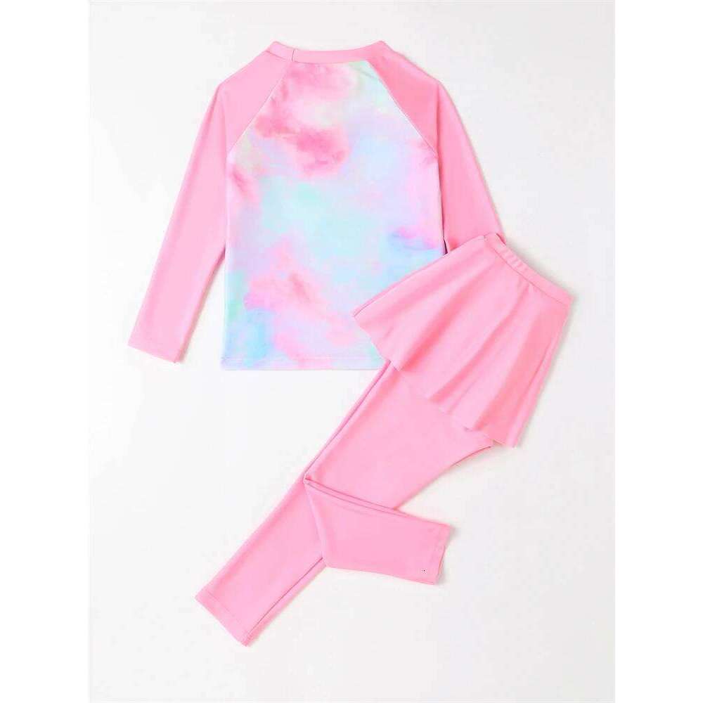 Two Piece Girls Kids Swimsuit 2025 New Pink Tie Dye Long Sleeves Children Swimwear Trousers Short Skirt Beach Wear Bathing Suit