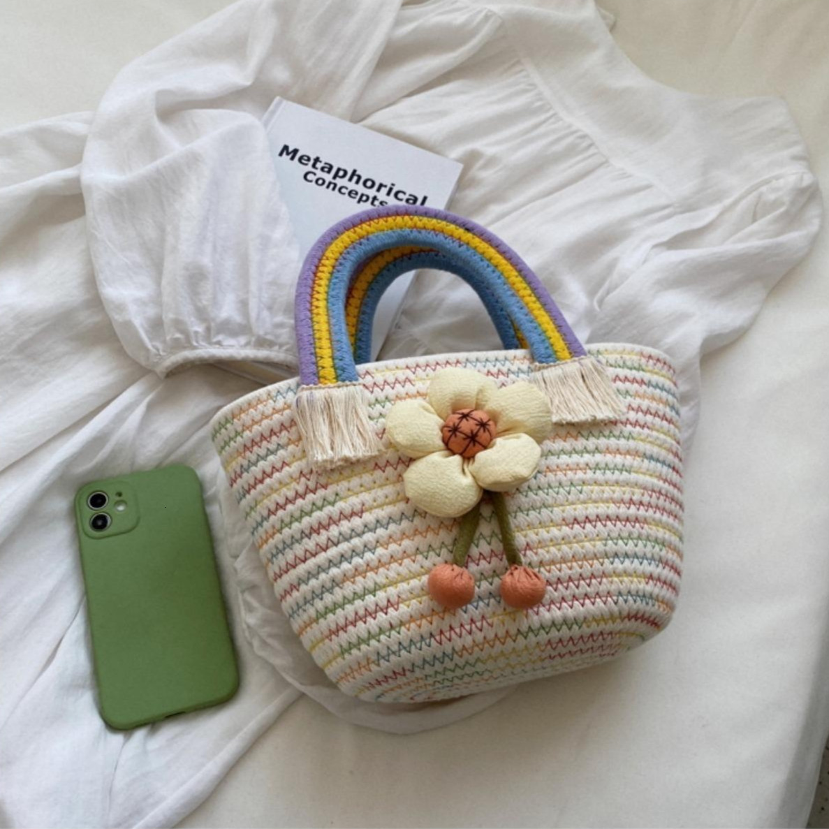 Free Shipping Wedding Birthday Straw Woven Bag Designer Bag New Rainbow Bag Luxury Cotton Rope Party Favor Handbag For Women