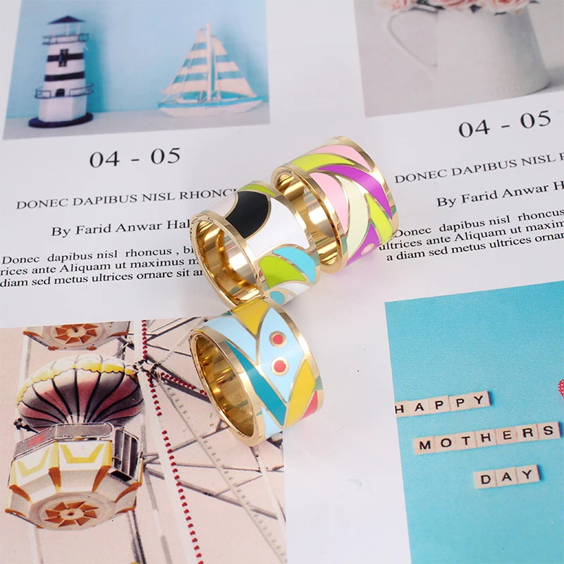 Color Culture Arrival Flower Enamel Gold-Color 1.3CM Big Rings for Women Ethnic Stainless Steel Jewelry Mother Gift 250624