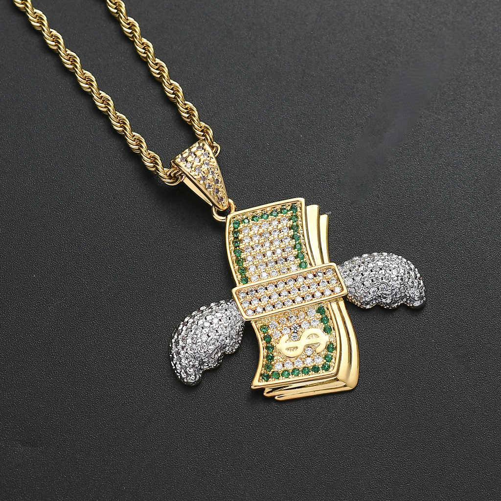 Luxury Moissanite Wing Dollar Pendant Hip Hop Style Iced Out Street Punk Necklace Jewelry Pass the diamond tester
