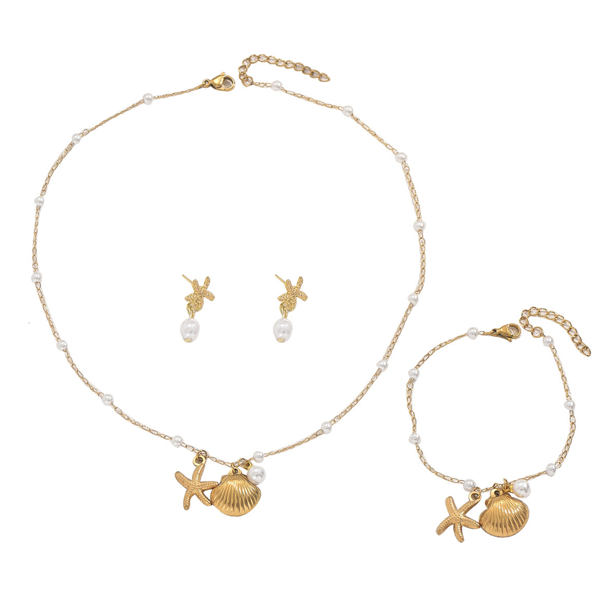 Ocean Style Women's Earrings Necklace Set Shell Pearl Bracelet Unique Beach Jewelry For Women