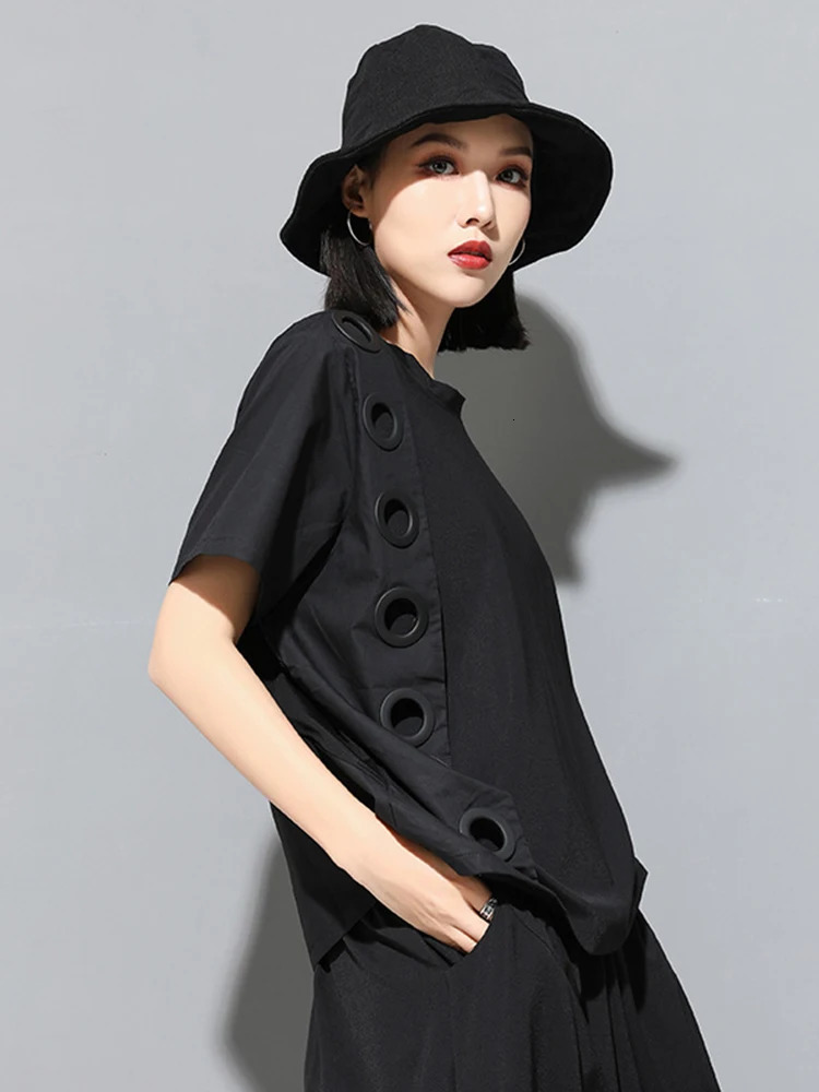 EAM Women Black Hollow Out Spliced Casual Big Size T-shirt Round Neck Short Sleeve Fashion Spring Summer 1DF4780 250614CJ