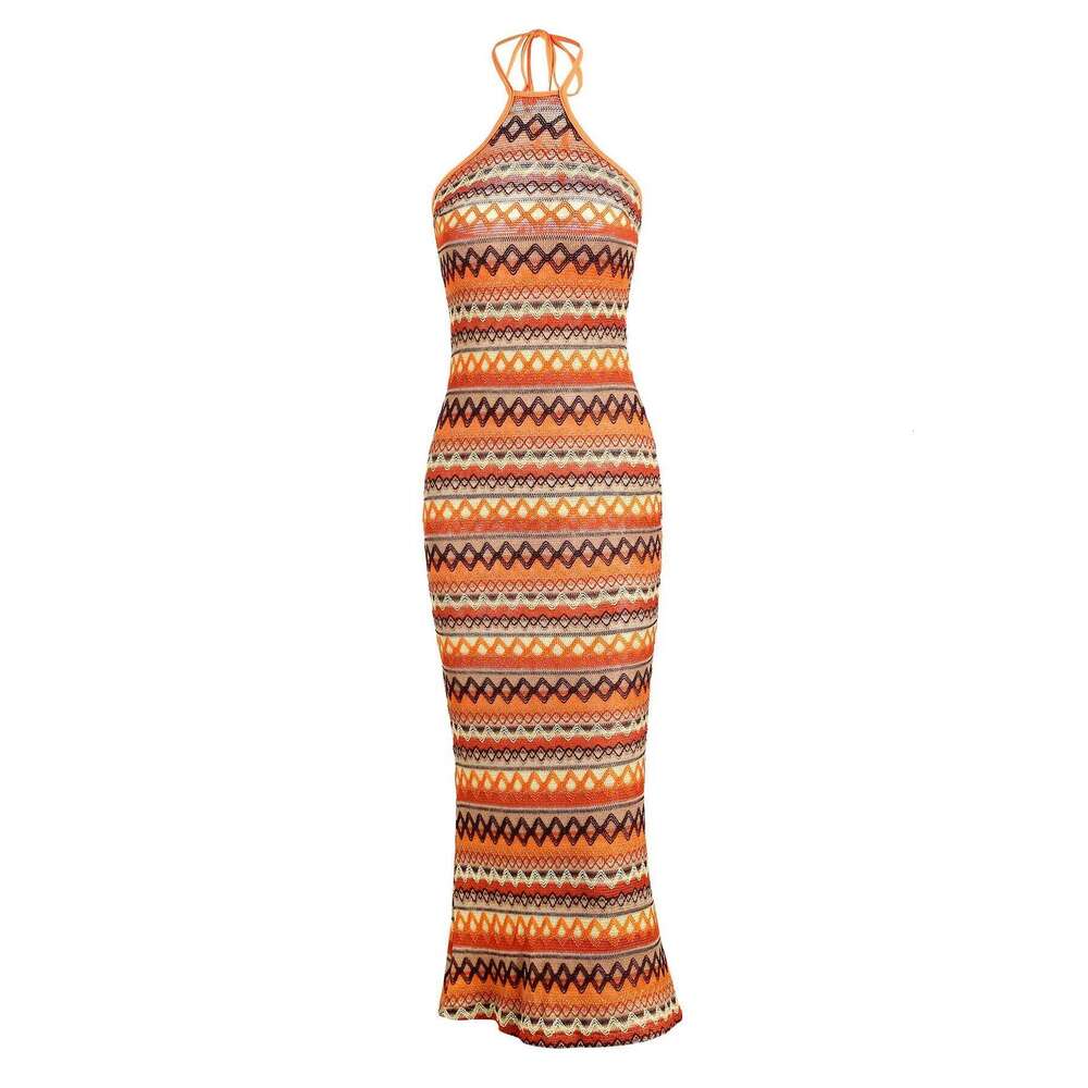ZAFUL Women's Sexy Halter Tied Open Back Colorful Rainbow Zig Zag Stripes Knit Slinky Midi Dress Long ethnic dress 2024 NEW