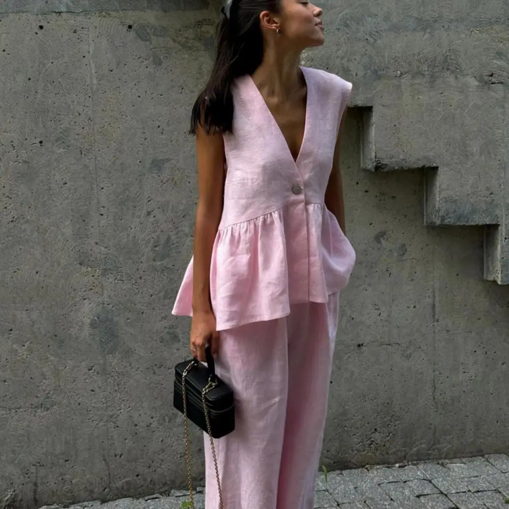 Women Loose Pink 2 Piece Sets V Neck Sleeveless Tank Top High Waist Wide Pants Suit Solid Elegant Casual Office Lady Outfits 250616