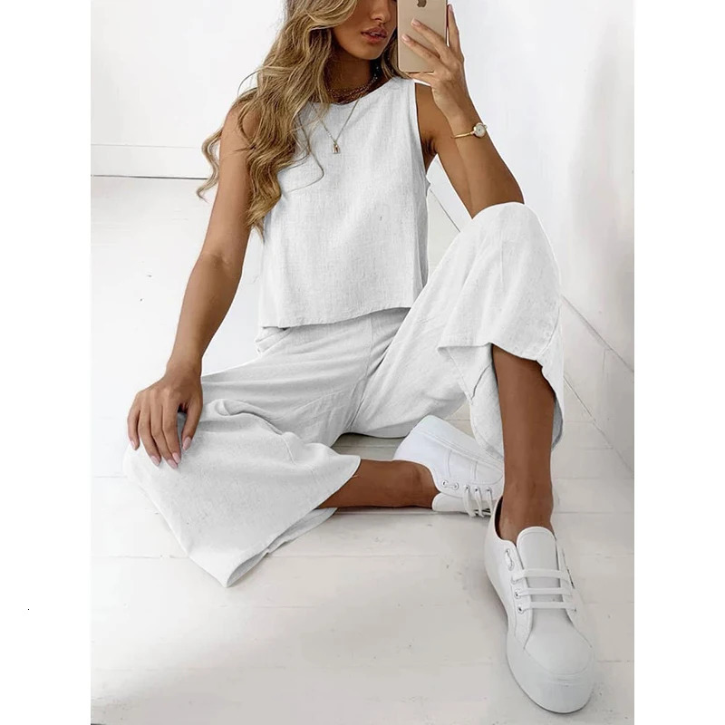 Casual Womens Clothing Suit O Neck Two Pieces Set Loose Sleeveless Solid Color Wide Leg Simple Comfortable for Famale Outdoor 250614