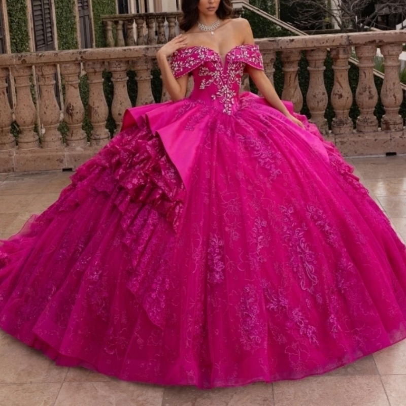 2025 Rose Red Quinceanera Dresses Ball Gown Sequin Lace Applique Beading Crystal Tiered Sweet 16 Dress Vestidos De 15 Anos