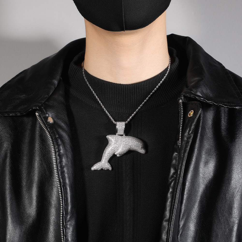 14K Gold Personalized Creative Large Blue Dolphin Pendant Necklace Ins Celebrity Hip Hop Cartoon 5A Cubic Zircon Trendy Cool Collar Hip Hop Rapper Jew