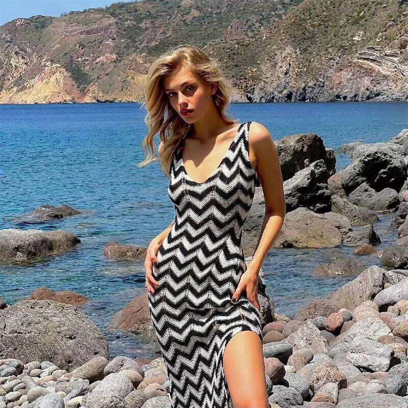 Women Striped Knit Swimsuit Bikini Cover up, Beach Cover-up, Sexy Deep V Backless Long Dress, Crochet Swimwear Sarong Female
