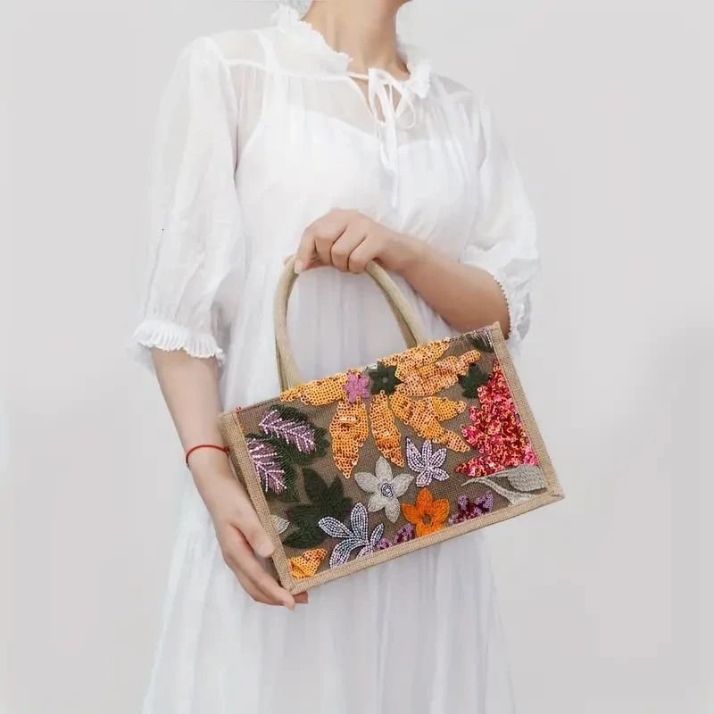Fashion Sequins Embroidery Small Tote Bag Elegant Floral Women Handbags Casual Summer Beach Bags Vacation Satchel 250624