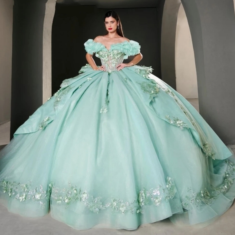 Glitter Sage Green Quinceanera Dresses Ball Gown Floral Applique Beading Tiered Sweet 16 Dress Vestidos De 15 Anos