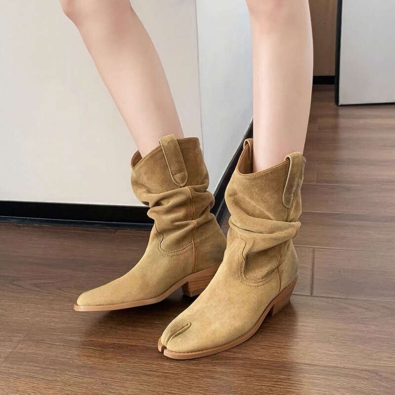 Cowhide Version Grape Mom Style Short Western Slouch Women Genuine Leather Split Toe Denim Chunky Heel Wrinkled Pig Hoof Boots