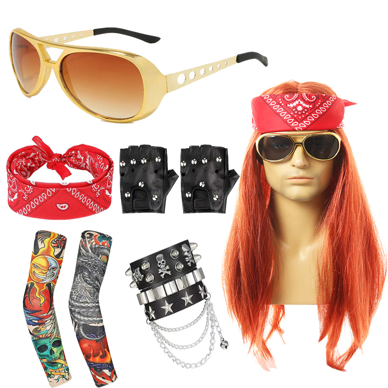 Men's and women's long straight hair 70's 80's heavy metal rock wig disco punk wig red yellow hip-hop trend role-playing cosplay