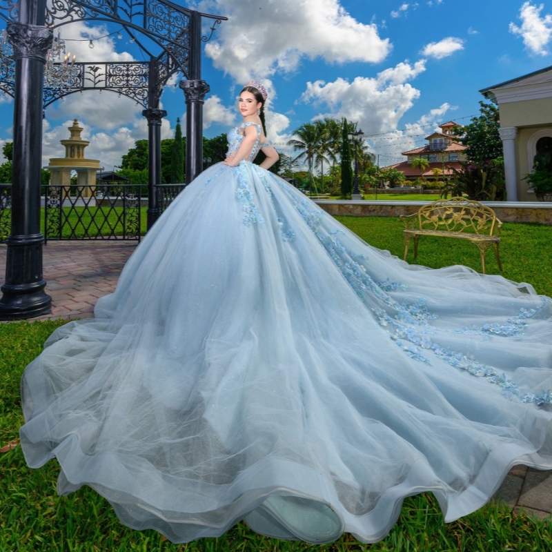 Sky Blue Shiny Quinceanera Dresses Ball Gown Off The Shoulder Applique Flower Beads Tull Corset Sweet 16 Dress Vestidos 15 Anos