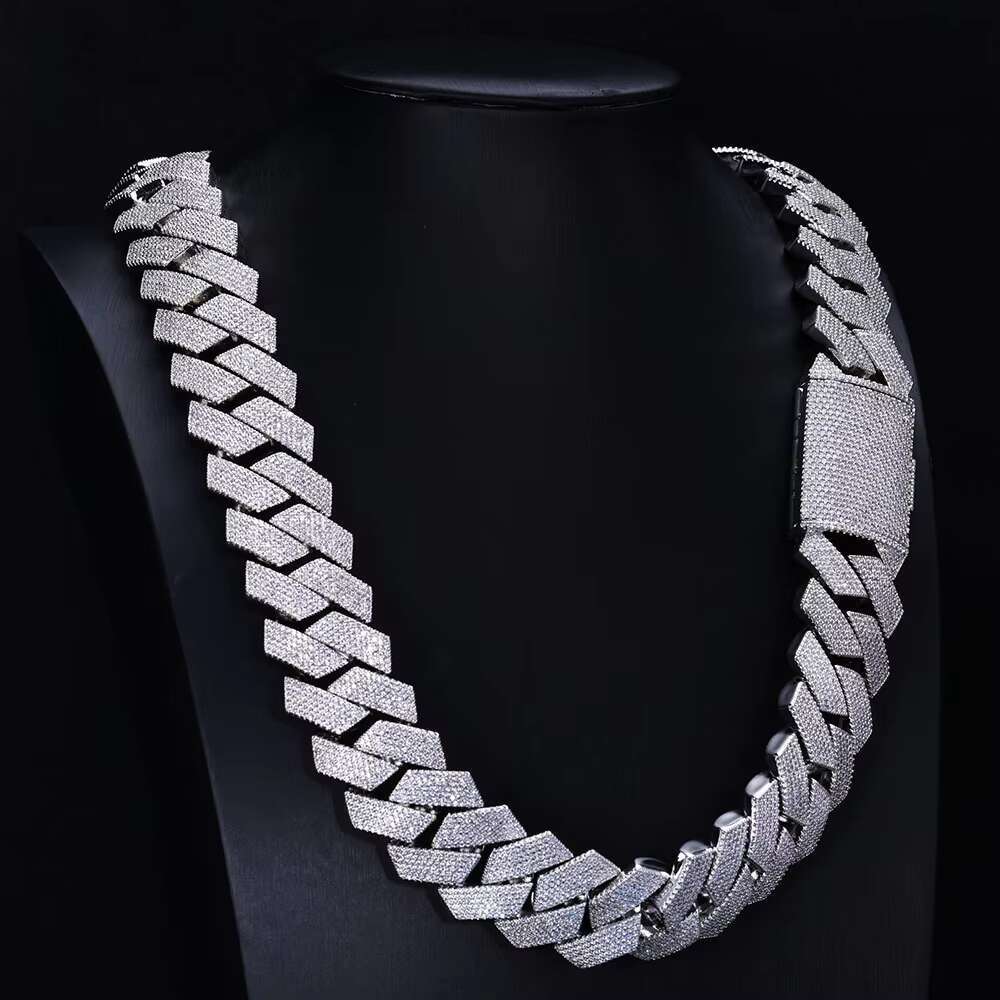 Mens Fashionable 3 Rows of Shiny Moissanite Stones Setted into a Robust Solid Silver Cuban Chains Neckpiece