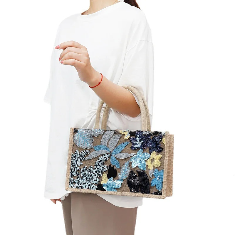 Fashion Sequins Embroidery Small Tote Bag Elegant Floral Women Handbags Casual Summer Beach Bags Vacation Satchel 250624