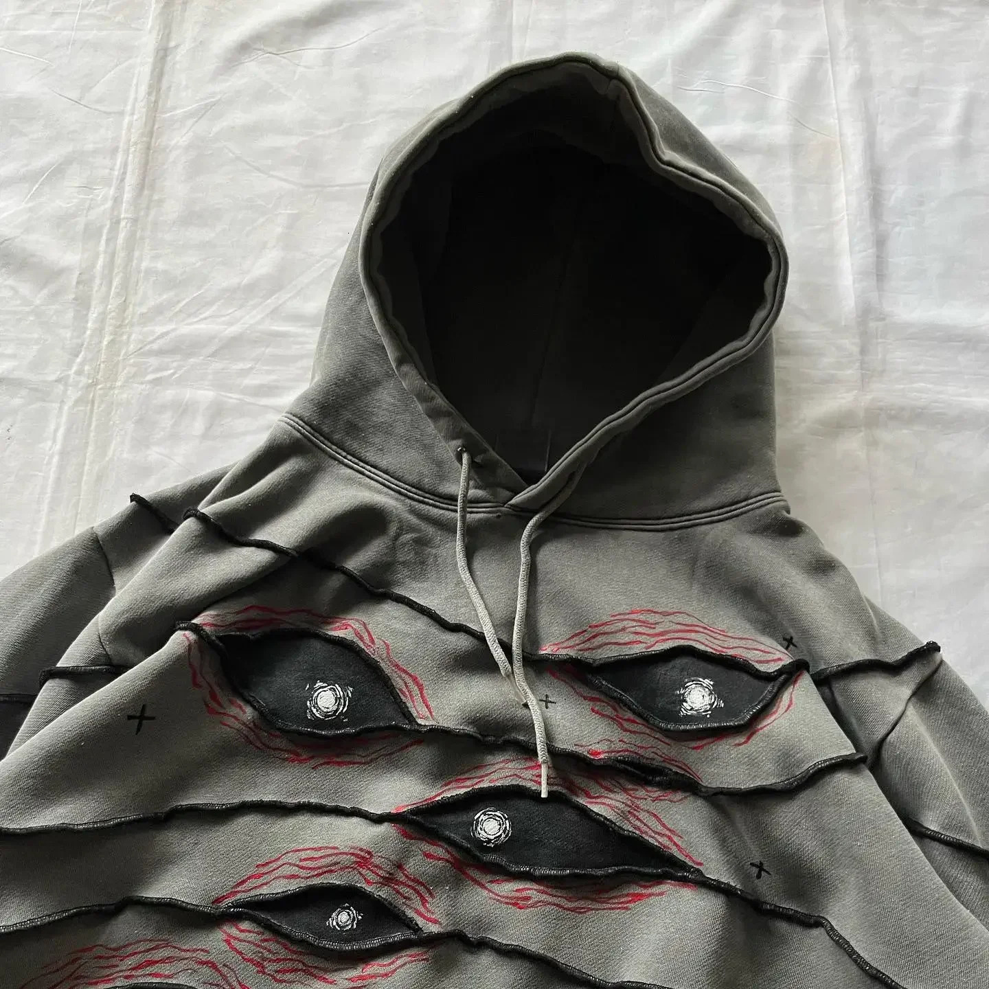 Streetwear Hoodie Hip Hop Gothic Eyes Patchwork Dark Gray Oversized Loose Pullover Men and Women Retro Harajuku Punk Casual Tops 250618