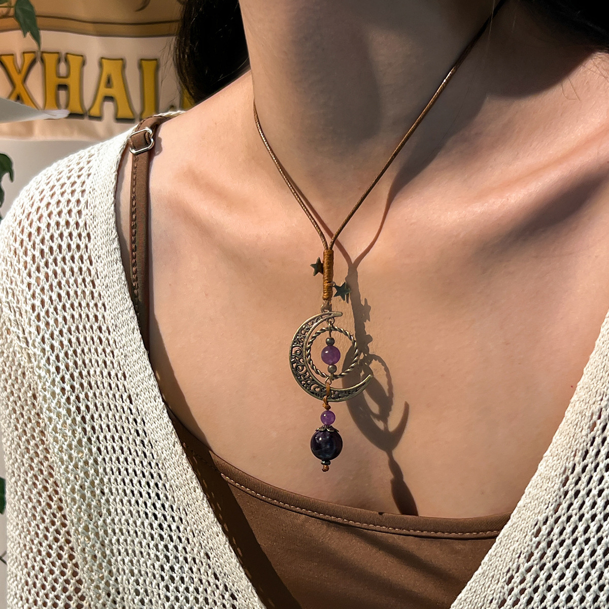 Unique Round Bead Geometric Ethnic Style Hollow Moon Pendant Pull Cord Long Necklace