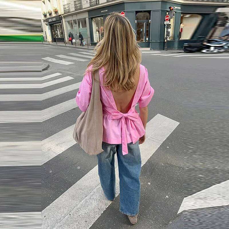 hoodie Fashion Bow Backless Pleated Shirts Women Solid O-neck Half Sleeve Waist-Closed Top Spring Summer Lady High Street Shirt jacket