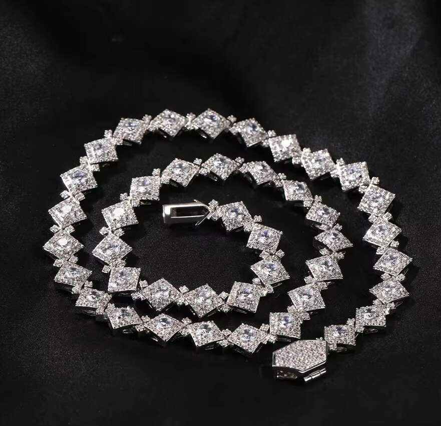 High Quality 12mm Moissanite Diamond Clustered Tennis Chain Rock Hip Hop Style Full Rapper Jewelry for Parties
