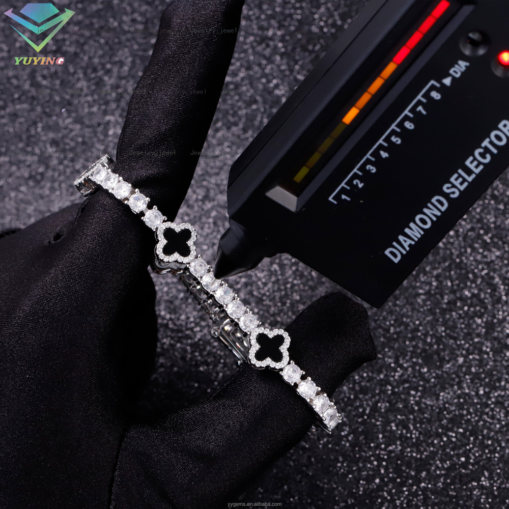 Yu Ying Design 925 Sterling Silver VVS Mossanite Diamond With Four Leaf Clover Black Agate Necklace Moissanite Tennis Chain