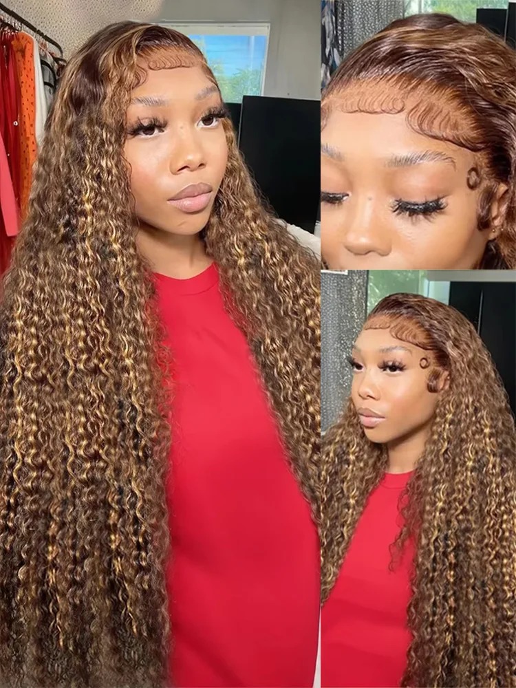 30 34 Inch Highlight Ombre HD Lace Frontal Wig Water Curly Human Hair Wigs 250 Density 13x4 Deep Wave Color Lace Front Wig Synthetic