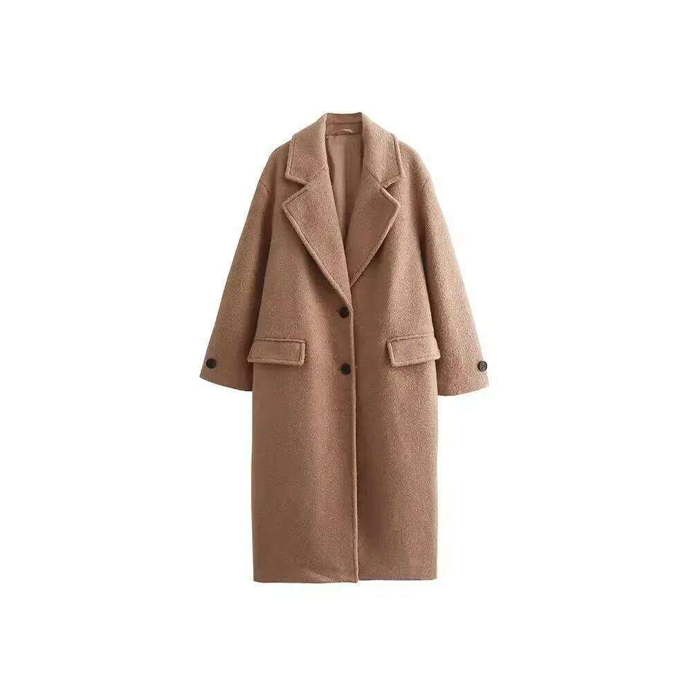 Woolen 2024 Autumn Winter New Fashion Notched Single Breasted Female Overcoat Long Sleeve Casual Lady Trench Coat