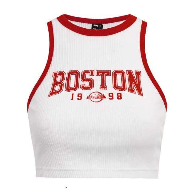 Knitted Color-Block Letter Print Short Tank American Style Summer Versatile Top For Women B5