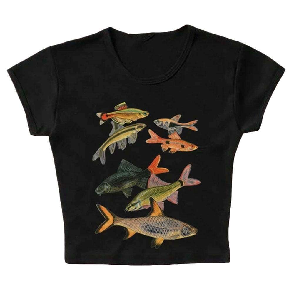 Y2k Abstract Goldfish Print Square Neck Personality Slim Fit Camisole Sexy Street Style Versatile Slimming Casual Tank Top B5