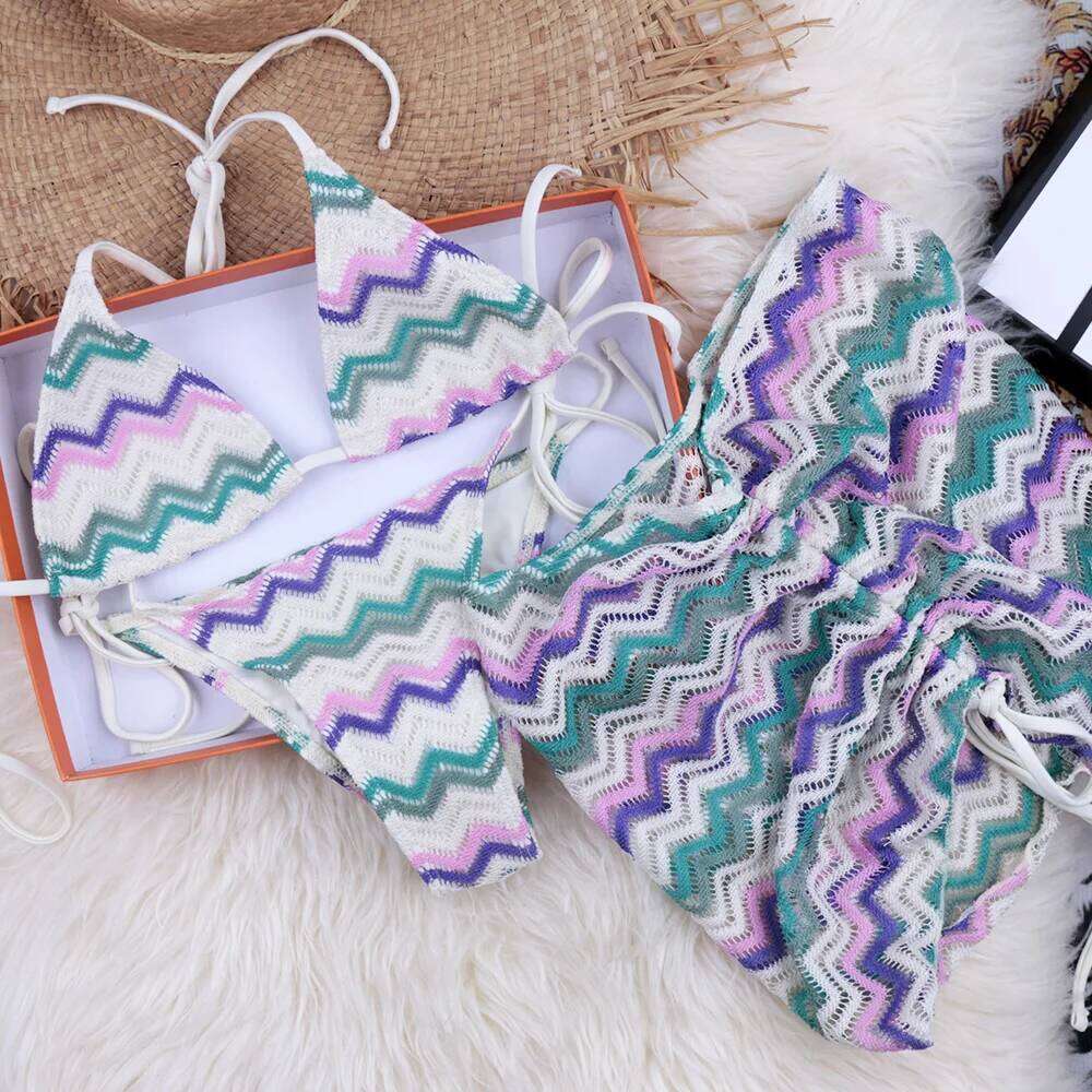 Colorful Ripples Bikinis 2024 Swimwear 3 Pieces Swimming Suits Lady Swimsuit Women Brazilian Bikini Set Ruched Skirt Beachwear