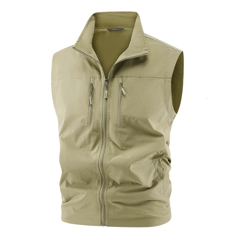 Men Stand Collar Fishing Vest Summer Outdoor Leisure Pography Vest Clothes Loose Solid Color Mens Multi-pocket Tooling Vest 250617