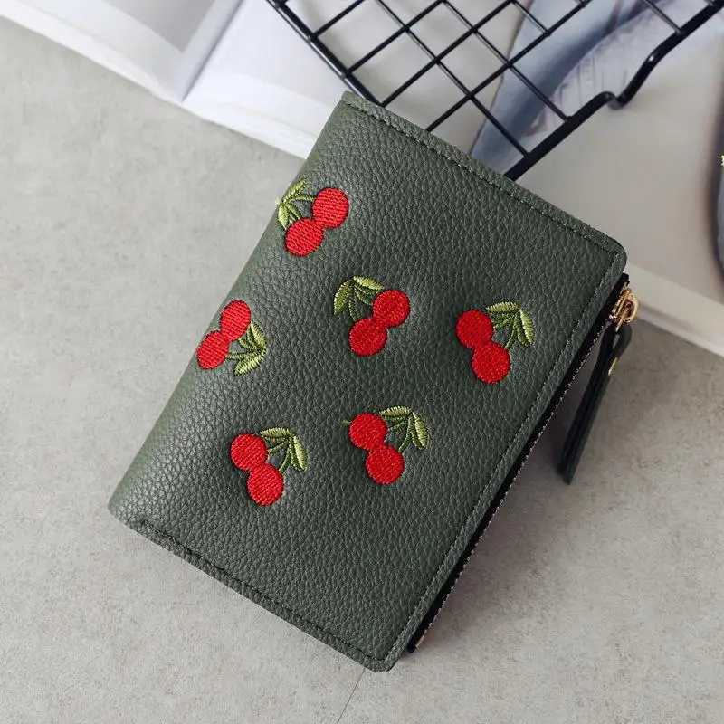 Women Vertical Buckle Cherry Embroidered Small Short Wallet Simple Wallet Girls Zipper Purse XJ250624