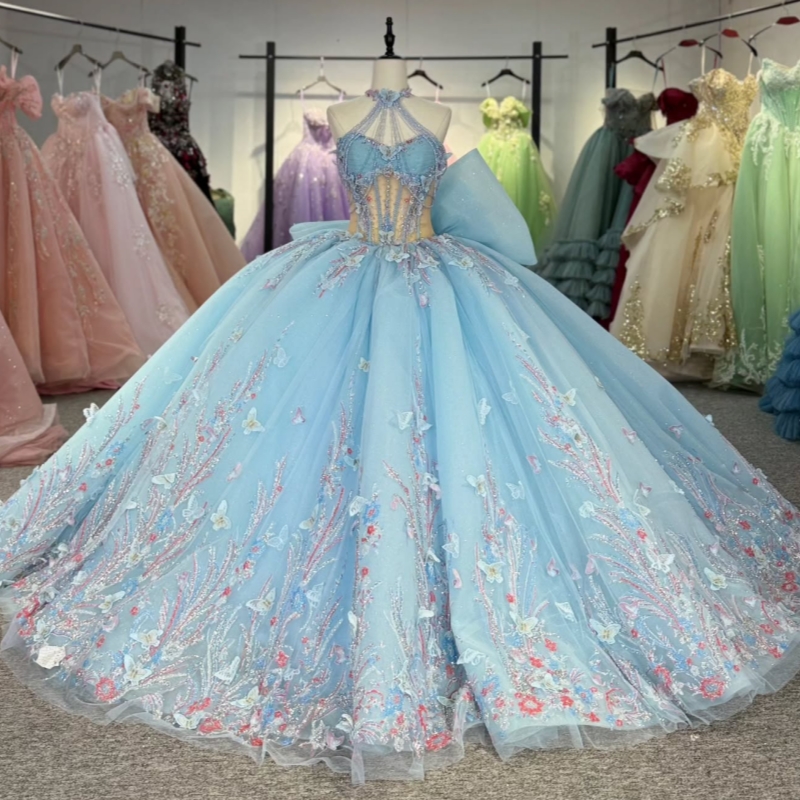 Sky Blue Shiny Quinceanera Dresses Ball Gown Off The Shoulder Applique Bow Beading Crystal Tull Corset Sweet 16 Dress Vestidos 15 Anos
