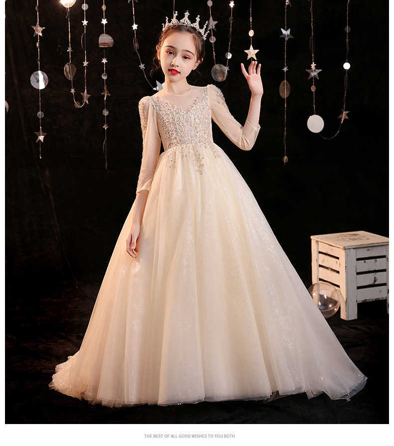 Children's trailing dress, flower girl princess dress, puffy tulle dress for girls, hostess dress for children's fashion show, trendy piano 