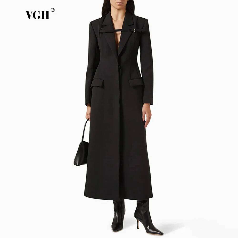 VGH Hollow Out Elegant Solid Jackets For Women Lapel Long Sleeve High Waist Spliced Pockets Temperament Coats Female Fahsion New