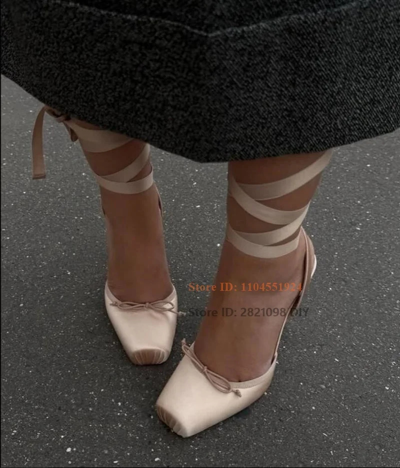 Fashion Square Toe Lace Up Heels Smooth Satin High Heel Stiletto Sandals Women Dancer Ballet Shoes 250624