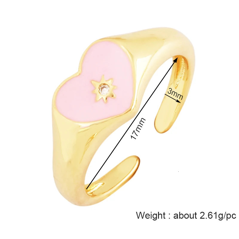Love Heart Shape 18K Gold Plated Finger RingColourful Enamel Coated Zircon Open Adjustable Rings Jewelry Findings Supplies P34 250624