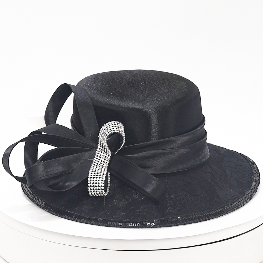 Elegant Black Church Hat with Wide Brim and Rhinestone Bow - Women's Formal Derby Tea Party Hat for Wedding & Sunday Services SD726