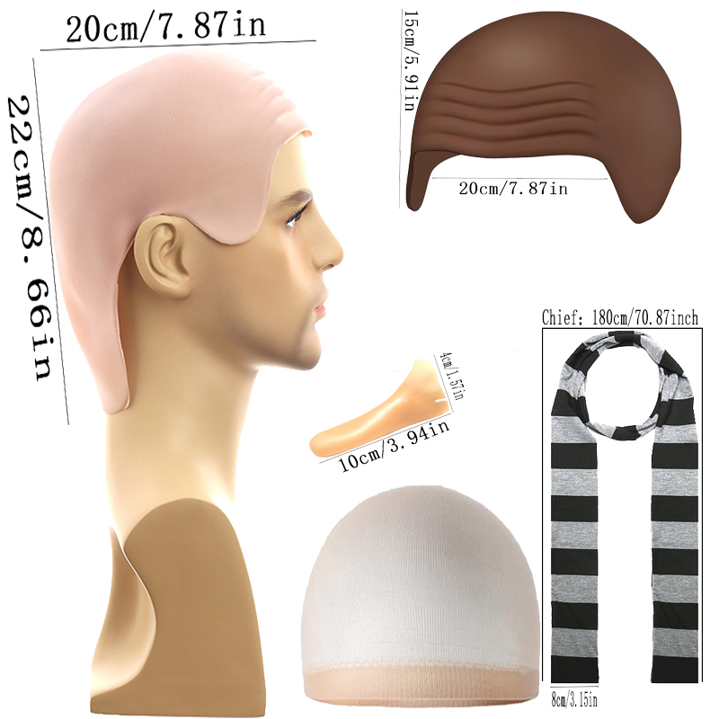 Scalp Long Nose Black Striped Scarf with Hairnet 4-Piece Set for Celebrating Halloween, Christmas, Holiday Shows, Role Play Parties, Little Yellow Man