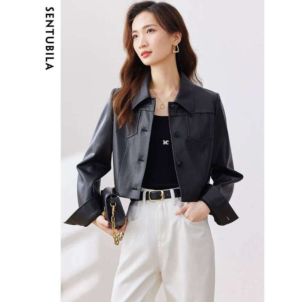 SENTUBILA Pu Leather Jacket Women Autumn Vintage Fashion Cropped Motorbike Jackets Single Breasted Black Cool Coat Top 131W46984