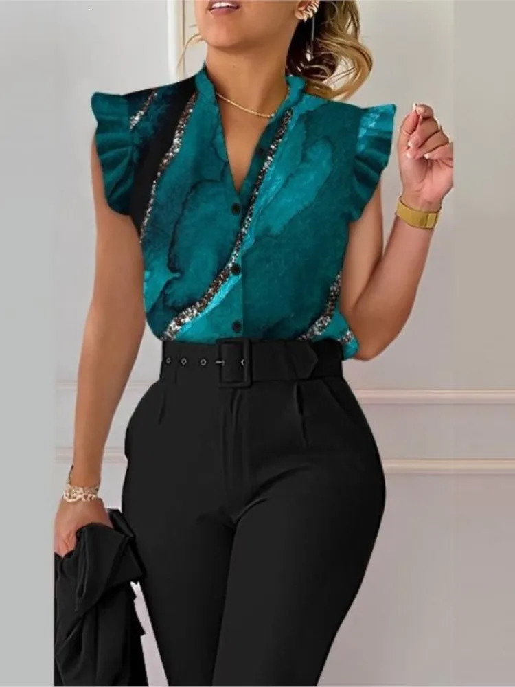 Women Two Piece Set Suits Fashion Floral Printed Ruffle Sleeve Top Solid Color Pants With Belt Tracksuits Outfit Summer 250614