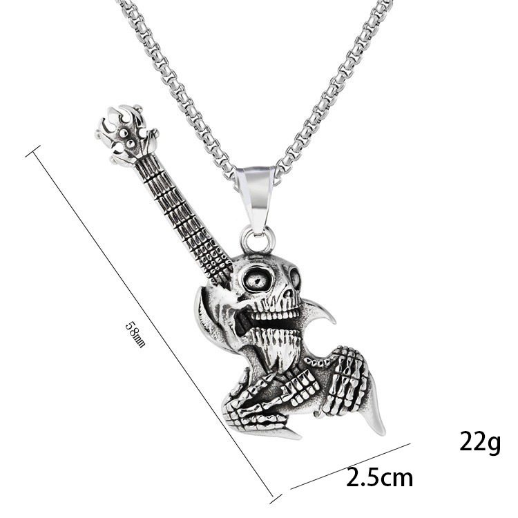 New Style Hot Sale European and American Punk Retro Skeleton Rock Guitar Men's Titanium Steel Stainless Steel Pendant Necklace