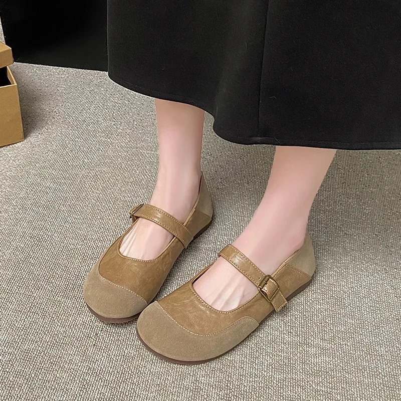 Summer Soft Soled Mary Jane Single Shoes French Milk Camel Round Head Frosted Ballet Women Shoes 250624