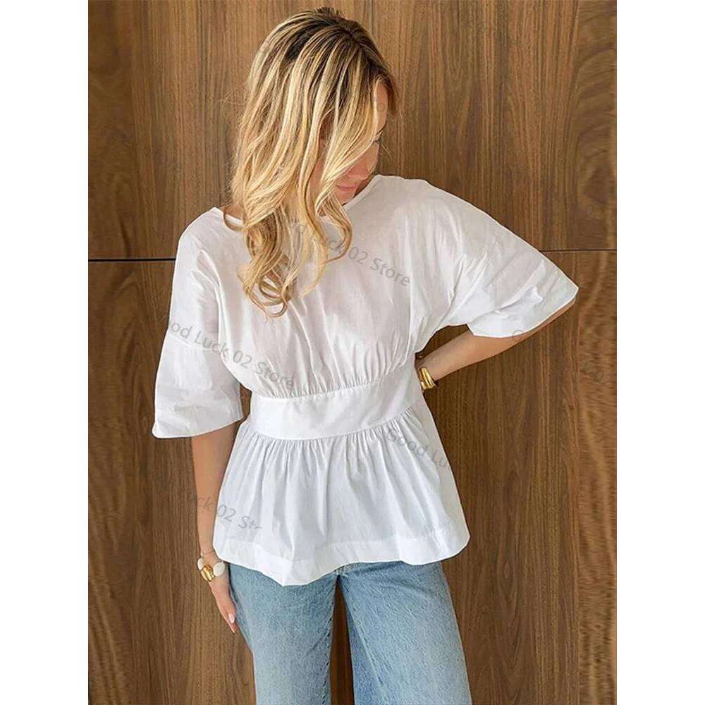 hoodie Fashion Bow Backless Pleated Shirts Women Solid O-neck Half Sleeve Waist-Closed Top Spring Summer Lady High Street Shirt jacket