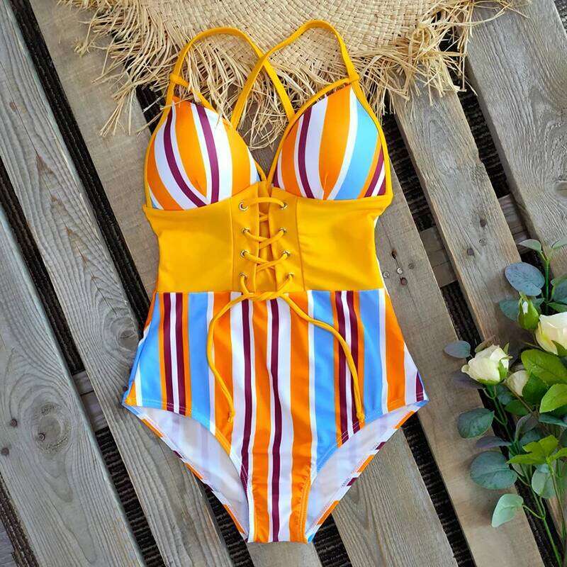 2025 New Abdomen Control Wasit Push Up Swimsuit Print Swimwear Vintage Retro Bathing Suits Bodysuit Beach Wear Backless XXL