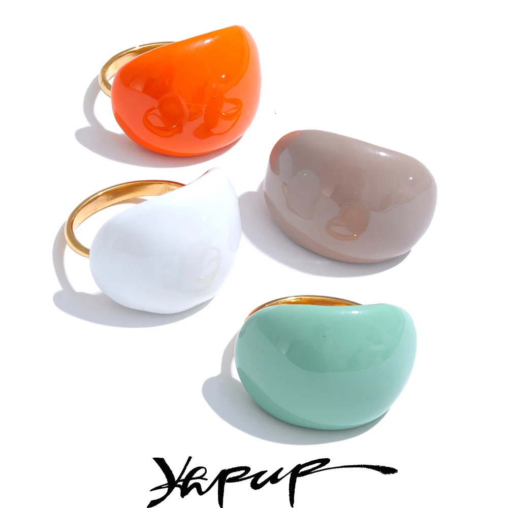 Yhpup Stainless Steel Fashion Joyful Candy Multi-Color Khaki Orange Blue White Enamel Ring Waterproof Adjustable Charm Jewelry 250624