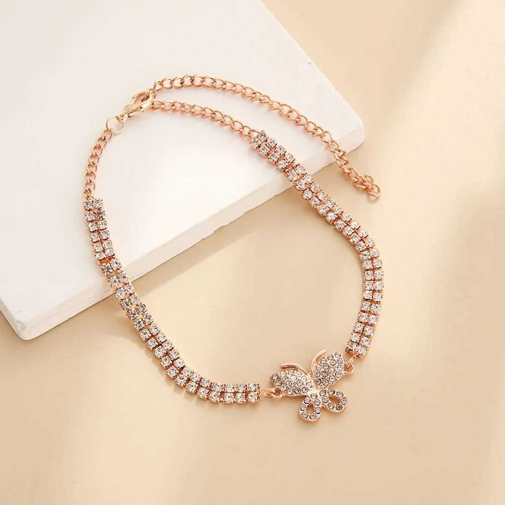 Shining Butterfly Charm Anklet For Women Summer Beach Double Row Rhinestone Chain Ankle Bracelet Barefoot Sandals Foot Jewelry U250624