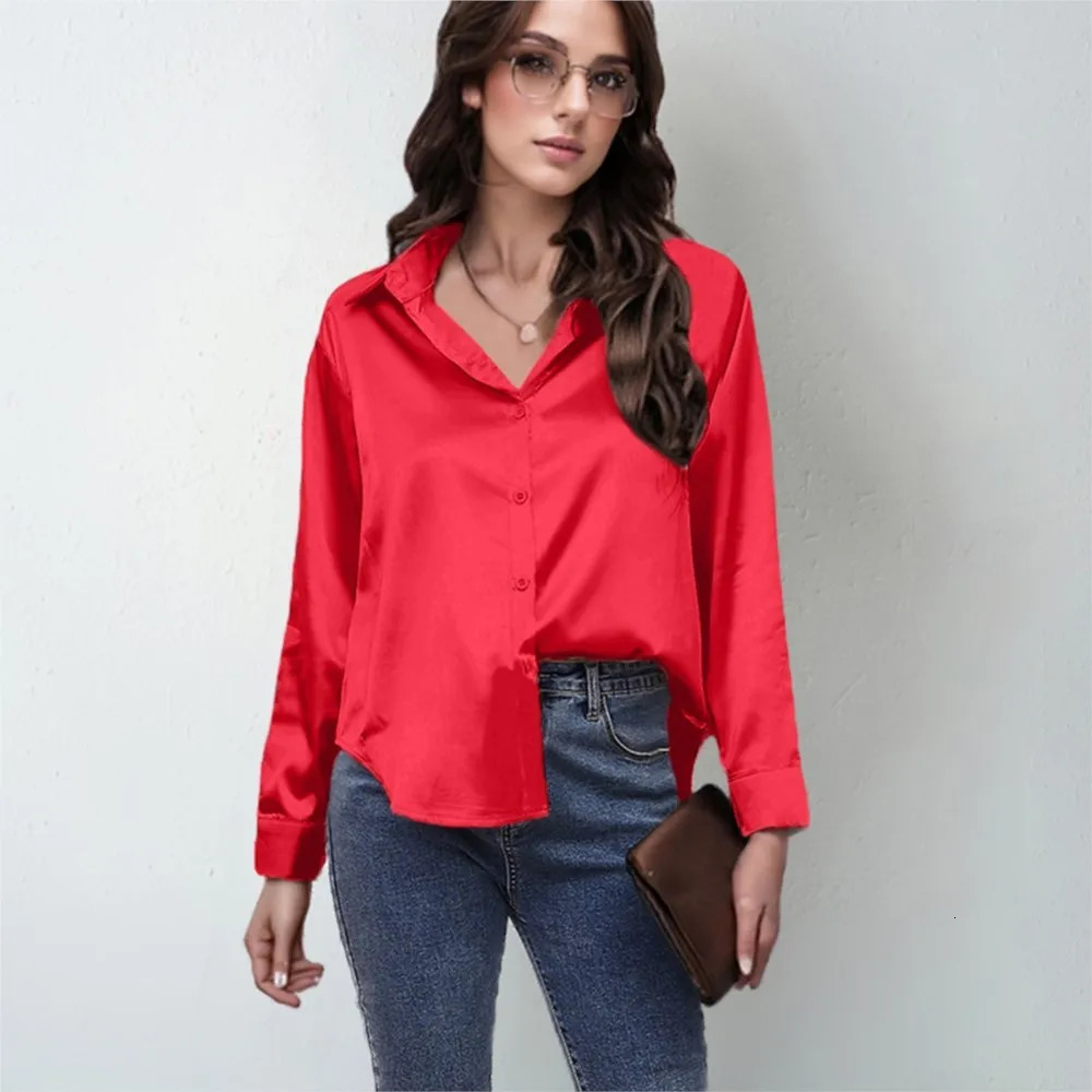 Spring Satin Shirt Women Loose Button Up Red Blouse Shirt Ladies Silk Long Sleeve Shirt For Women 250617