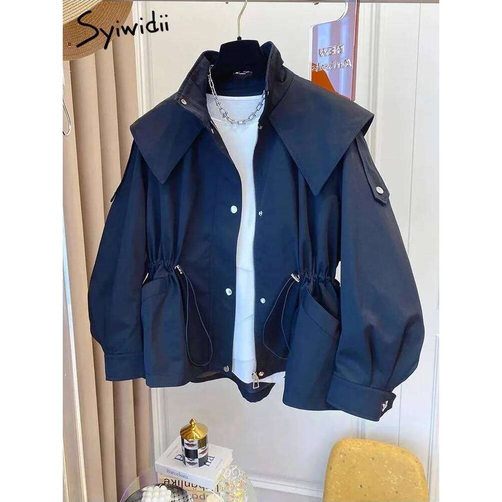 Syiwidii Jackets for Women Pocket Single Breasted Chic Casual Coat New Fashion Long Sleeve Zipper Drawstring Female Jacket
